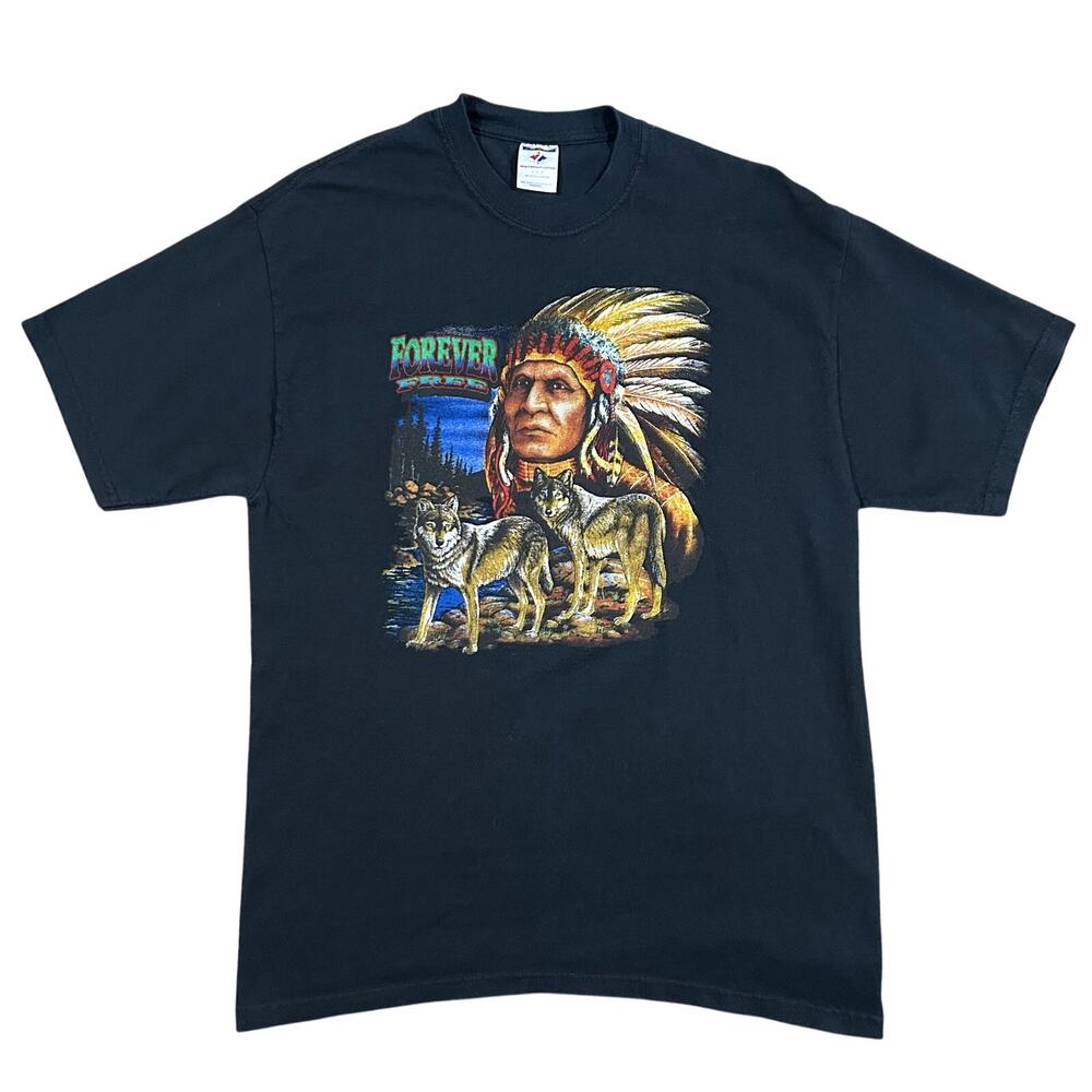 Vintage Forever Free Native T-Shirt Men’s Large Black Graphic Tee Wolves